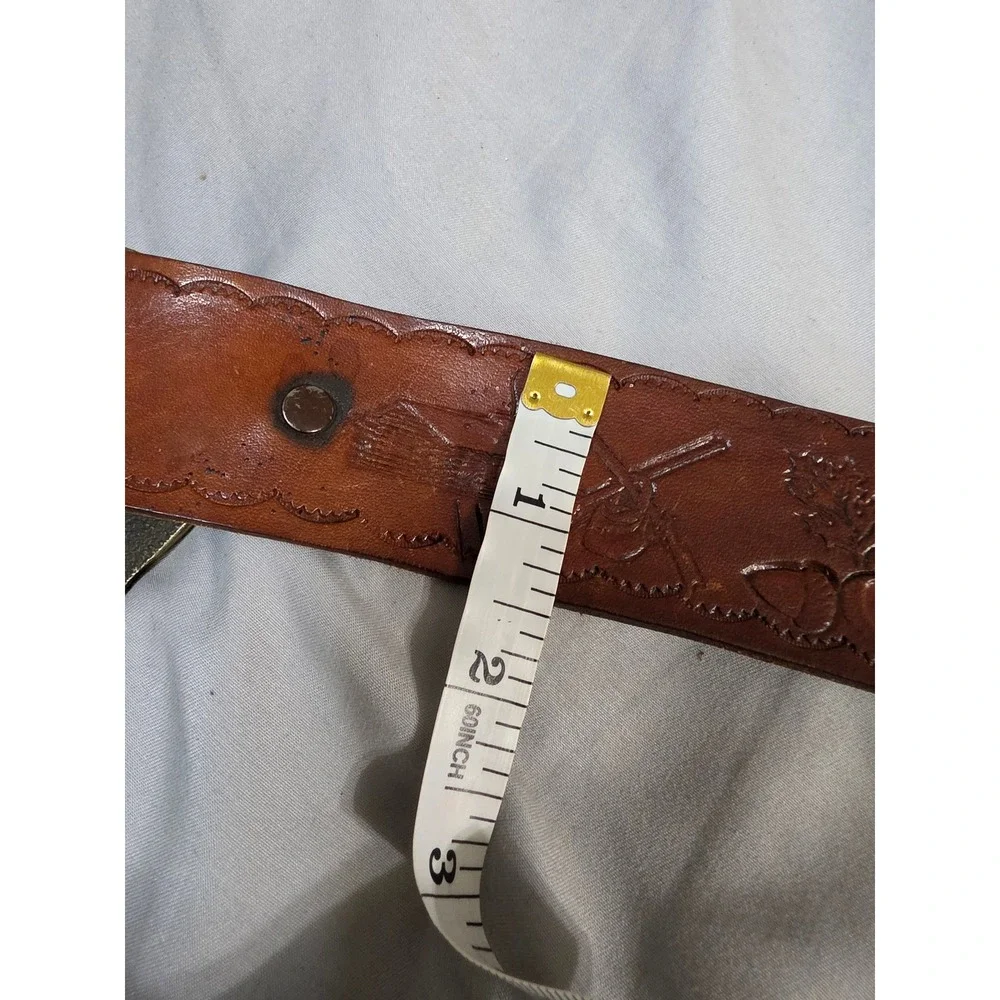 Vintage Award Design Medals Solid Brass Cowboy Buckle Hand Tooled Leather Belt